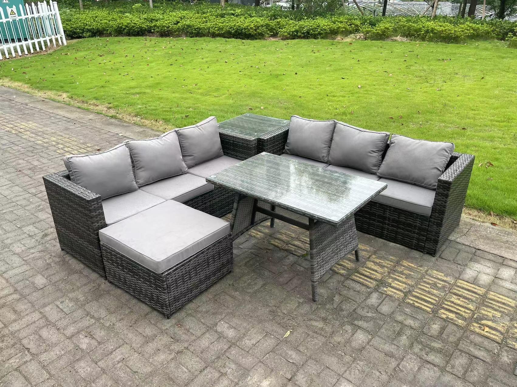 7 Seater Rattan Garden Dining Set Outdoor Furniture Sofa with Dining Table Big Footstool Side Table